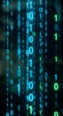 Vertical streams of binary code, consisting of 0s and 1s, in glowing blue and green, Royalty Free Stock Photo