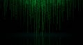 Vertical streams of green binary code symbols cascade against a black background, Royalty Free Stock Photo