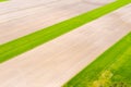 Vertical stripes of agricultural parcels of different crops. Aerial view shoot from drone directly above field Royalty Free Stock Photo