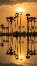 Vertical sugar palm trees with reflection on water at sunrise Royalty Free Stock Photo