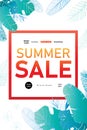 Vertical summer sale banner with green tropical leaves