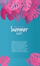 Vertical Summer Sale paper cut Background with Palm, monstera, banana pink Leaves with place for your text.Trendy Jungle banner. Royalty Free Stock Photo