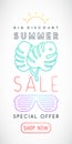 Vertical Summer Sale template with monstera leaves, sun and sunglasses.