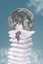 Vertical surreal art photo collage of young sleepy woman in pajamas sitting on huge stack of pillows wrapped in blanket