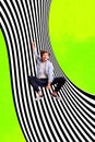 Vertical surreal collage picture photo of jumping high crazy guy raising hand having fun on black white striped neon