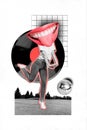 Vertical surreal funny photo collage of young woman female without head huge smile dance outdoor have fun vinyl record