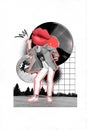 Vertical surreal funny photo collage of young woman female without head huge smile dance outdoor have fun vinyl record