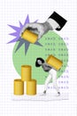 Vertical surreal photo collage of cheerful miniature woman carry big stack of golden coins giant arm gives pile of cash