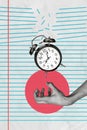 Vertical surreal photo collage of hand catching ringing alarm clock awakening lack of time on creative lined copybook