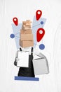 Vertical surreal photo collage of headless delivery guy courier hold parcel and documents with stack of boxes instead of Royalty Free Stock Photo