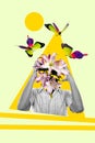 Vertical surreal photo collage of headless man with bouquet of lily flowers instead hold head butterfly spring on