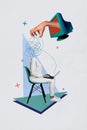 Vertical surreal photo collage with headless woman sit on chair hold laptop work browsing hand from screen control mind