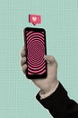 Vertical surreal photo collage of man hand hold smartphone hypnotizing screen addicted to social media content on