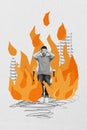 Vertical surreal photo collage of shocked young man on chair among flame forget about deadline lack of time need to do