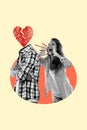 Vertical surreal photo collage of young troubled couple woman scream at headless man with broken heart isolated on beige