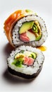Vertical sushi maki rolls set isolated on white background. Asian food composition, close-up. Generative AI illustration