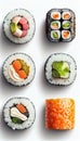 Vertical sushi maki rolls set isolated on white background. Asian food composition, close-up. Generative AI illustration Royalty Free Stock Photo