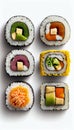 Vertical sushi maki rolls set isolated on white background. Asian food composition, close-up. Generative AI illustration Royalty Free Stock Photo