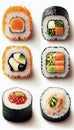 Vertical sushi maki rolls set isolated on white background. Asian food composition, close-up. Generative AI illustration Royalty Free Stock Photo