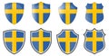 Vertical Swedish flag in shield shape, four 3d and simple versions. Sweden icon / sign Royalty Free Stock Photo