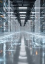 A vertical, symmetrical view down a futuristic data center aisle lined with transparent server racks glowing with light trails. Royalty Free Stock Photo
