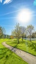 Vertical tall Pathway curving on a grassy terrain under the blazing sun and blue sky Royalty Free Stock Photo