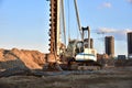 Vertical tamrock pile foundation drilling machine. Drill rig at construction site. Ground Improvement techniques, vibroflotation