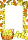 Vertical template with apples, basket of harvest, leaves