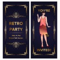 Vertical Template of Art Deco two-sided invitation. Copy space vector layout with geometric frame and flapper girl