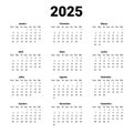 Vertical template calendar New Year 2025. Portuguese calendar design. Portugues week starts on Monday. Yearly grid on