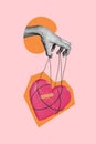 Vertical template collage of human hands fingers manipulation strings heart symbol marionette feelings isolated on pink