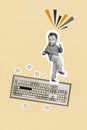 Vertical template collage photo man raise fists up enjoy copywriter job old keyboard used condition hard work isolated Royalty Free Stock Photo