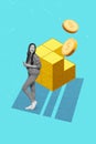 Vertical template collage photo of young teen girl hold smartphone betting golden cube tokens nft advert isolated on
