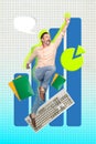 Vertical template creative photo collage of meddle age man worker flying complete tasks quickly in office isolated blue
