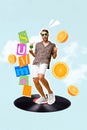 Vertical template sketch bright collage 3d pop image of funky crazy man dancing club enjoy free time have fun stand big Royalty Free Stock Photo