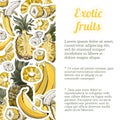 Vertical template with stickers of pineapple and banana fruits. Whole and sliced objects. Hand drawn sketch