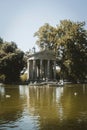 Vertical of the Temple of Aesculapius in front of the Villa Borghese lake in Rome, Italy