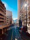 Vertical of the thoroughfare street in the middle of the buildings of San Francisco, California
