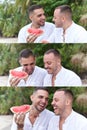 Three-part photo of a gay couple having fun while eating watermelon outdoors