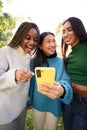 Vertical. Three young women using phone while having fun in the park and laughing. Social media app