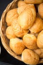 Vertical top view of fresh, small round bread in a thatch basket Royalty Free Stock Photo