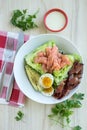 Vertical top view shot of the healthy ingredients on the plate with a fork and knife on a table Royalty Free Stock Photo