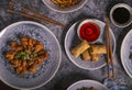 Vertical top view of a variety of Chinese food dishes Royalty Free Stock Photo