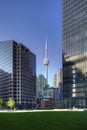 Vertical of Toronto skyscrapers with CN tower in background Royalty Free Stock Photo