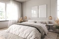 Vertical two frame mockup in boho bedroom interior with wooden floor and white bed. Beige blanket, cushion and dried Royalty Free Stock Photo