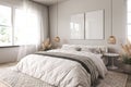 Vertical two frame mockup in boho bedroom interior with wooden floor and white bed. Beige blanket, cushion and dried