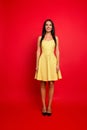 Vertical ull-length view portrait of attractive charming brunette pretty stylish stunning wearing light yellow dotted dress with Royalty Free Stock Photo