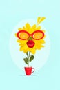 Vertical unusual poster picture collage photo of yellow flower growing red cup mug woman red lips send kiss isolated Royalty Free Stock Photo