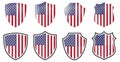 Vertical USA flag in shield shape, four 3d and simple versions. American icon / sign.