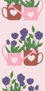 Vertical vector border with cute tulips im pink and brown pots